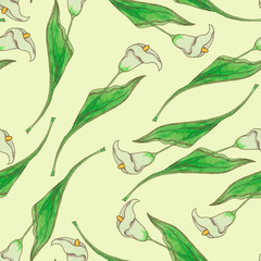 Seamless floral pattern. Hand drawn. Cute calla lilies on yellow background botanical illustration. Design for packaging, fabric, textile, wallpaper, website, greeting cards, printed material.
