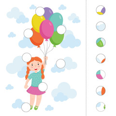 Children's puzzle game. Connect the empty circles and elements. The girl is flying in balloons. Cut and paste. Vector illustration.