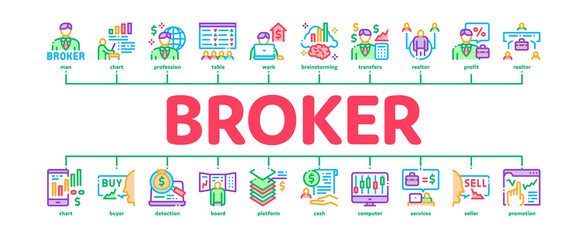 Broker Advice Business Minimal Infographic Web Banner Vector. Broker Businessman And Consultant, Sell And Buy, Professional Estate Agent Illustration