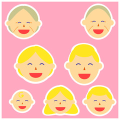 Face icons of Asian, black hair family members. Vector illustrations image. Emotions.