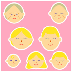 Face icons of Asian, black hair family members. Vector illustrations image. Emotions.