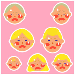 Face icons of Asian, black hair family members. Vector illustrations image. Emotions.