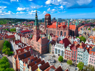 Aerial view of the old town in Gdansk with amazing architecture at summer,  Poland