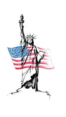 Sketch of Statue of Liberty on front with flag, hand drawn with gel pen, independence day, 4th july