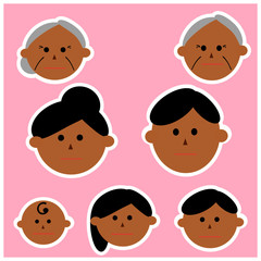 Face icons of Asian, black hair family members. Vector illustrations image. Emotions.