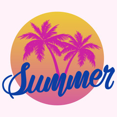 Summer vector illustration in retro style with hand lettering. Template badge, sticker, poster, postcard or label.