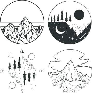 Mountains, sun and clouds and sea inscribed in geometric shapes. Set of black and white vector pattern.