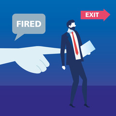 dismissed person, businessman sad fired, dismissal, unemployment, jobless and employee job reduction concept vector illustration design