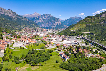 Fototapeta na wymiar aerial view of the city of Civate and Lake Annone, Lecco province, Italy