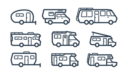 Fototapeta na wymiar RV Cars, Recreational Vehicles, Camper Vans Icons in Outline Style