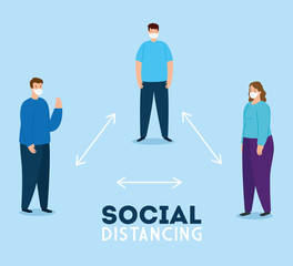 social distancing, keep distance in public society to people protect from covid 19, people using face mask vector illustration design