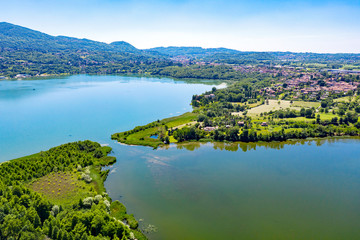 aerial view of the Annone Lake, Lecco province, Italy