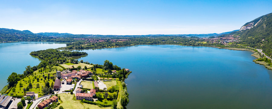 aerial view of the Annone Lake, Lecco province, Italy
