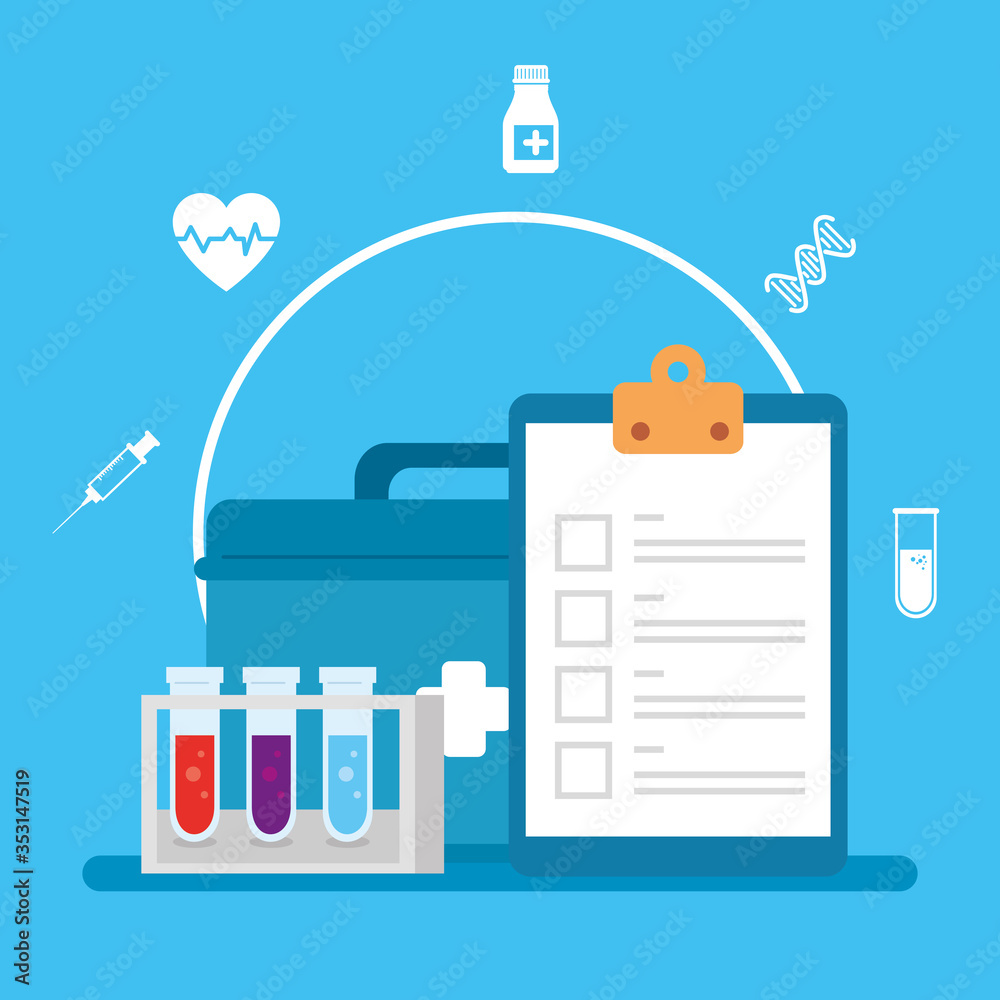 Wall mural first aid kit with medical icons, health, help and medical concept vector illustration design