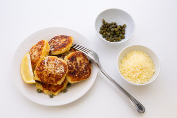 Potato Parmesan Pancakes with lemon and capers