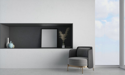 Minimalist interior design, with a modern armchairs in a living room, grey floor, with wall, mock up, sitting reception in contemporary style, with windows and object.