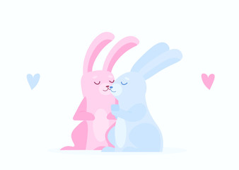 Two rabbits (bunnys) holding hands. Love flat vector postcard