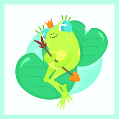 The frog in the crown lies on the leaves of a water lily and holds an arrow. Flat vector card, poster