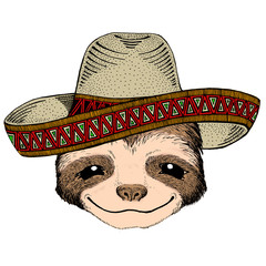 Sloth portrait. Sombrero mexican hat. Face of cute animal.