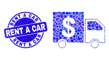 Geometric banking delivery mosaic icon and Rent a Car stamp. Blue vector round scratched stamp with Rent a Car phrase. Abstract collage of banking delivery organized of round, tringle,