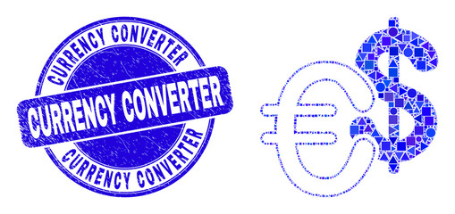 Geometric currency mosaic pictogram and Currency Converter seal stamp. Blue vector rounded grunge seal stamp with Currency Converter title. Abstract collage of currency composed of round, triangles,