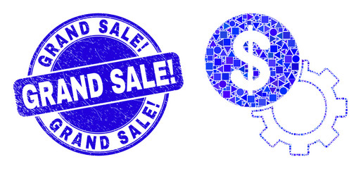 Obraz premium Geometric dollar setup gear mosaic pictogram and Grand Sale! stamp. Blue vector round textured stamp with Grand Sale! title. Abstract mosaic of dollar setup gear designed of round, tringle,