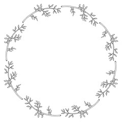 Round frame with branches on white background. Vector image.