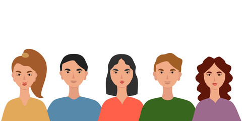 Portraits of people, colorful background vector illustration. Image of 5 people, 2 guys and 3 girls of different nationalities