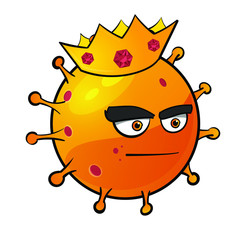 funny color vector picture of orange cartoon coronavirus model in crown with gems and angry face isolated on white background