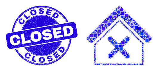 Geometric closed house mosaic pictogram and Closed seal stamp. Blue vector round grunge seal with Closed message. Abstract mosaic of closed house done of round, triangles, square geometric elements.