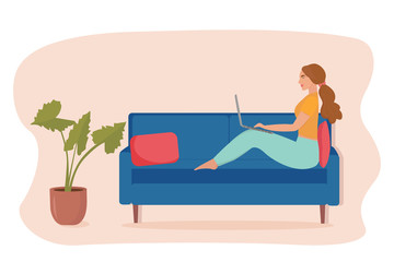 Obraz premium A girl with a laptop is sitting on the sofa. Freelance or training concept.Stay at home. Cute illustration in a flat style.