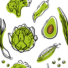 Seamless pattern with green vegetables. Colorful sketch of healthy vegetables and herbs isolated on white background. Doodle hand drawn vector illustration