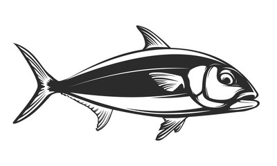Amberjack fishing logo. Almaco jack fish club emblem. Fishing theme illustration. Isolated on black and white.