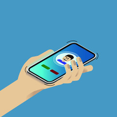 Hand with white smartphone with incoming call and icon. Contact icon on the screen. Isometric illustration.  Realistic smartphone.