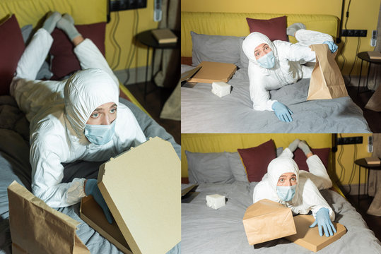 Collage Of Man In Medical Mask And Hazmat Suit Lying Near Pizza Box And Packages On Bed