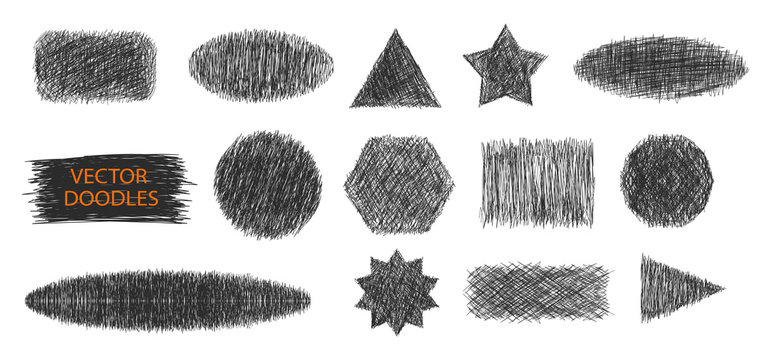 Doodle shapes vector set. Pen sketches. Drawn shapes, backdrops and frames. Simple doodling collection. Pencil sketchbook drawing.