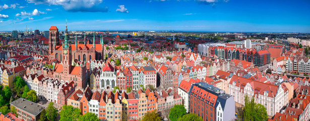 Obraz premium Aerial panorama of the old town in Gdansk with amazing architecture at summer, Poland