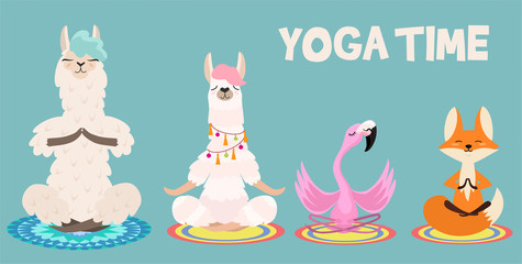 Animal meditation set: llama, fox and flamingo. Vector elements  Can be used as stickers. © Tayisiya