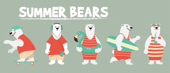 Set of funny cartoon bears. Funny vector illustration for design on t-shirts, cards and print.