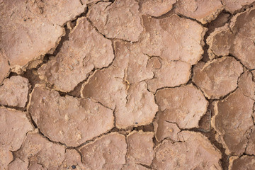 Nature background of cracked dry lands. Natural texture of soil with cracks. Broken clay surface of barren dryland wasteland close-up. 