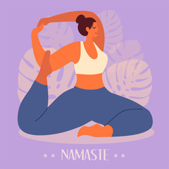 Young girl sitting in yoga pose and meditating.  Physical and spiritual practice. Vector modern illustration in flat style.
