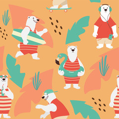 Cute bears in the summer on a vacation, in retro style. Bears pattern. Vector seamless texture.
