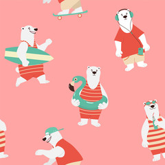 Cute bears in the summer on a vacation, in retro style. Bears pattern. Vector seamless texture.