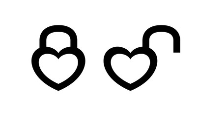 heart shaped padlock in locked and unlocked isolated on white, black padlock heart for love romantic feeling, heart shape padlock for icon cute, valentine's day icon with lock and unlock key heart