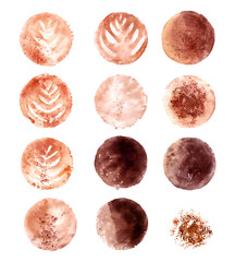 Hand drawn watercolor stains in brown colors.
