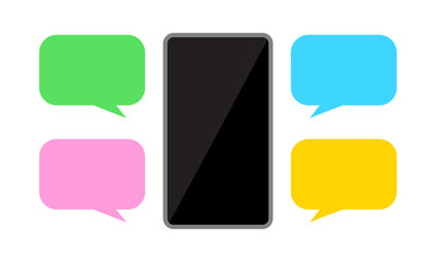 smartphone and speech bubble, chat concept, dialog box for copy space message, smartphone with bubbles speech for messaging dialog, chatting with chat bot robot on cellphone, messaging bubbles flat