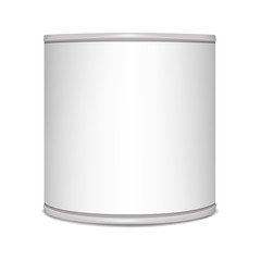 Round tin can, vector mockup. Canned food metal package, mock-up. Blank aluminum cylinder container, template