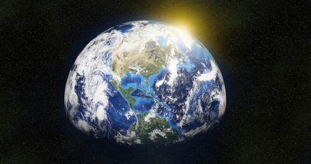 3D rendering of planet earth from space in the clouds you can see America on a starry background the sun is coming out