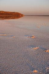 Pink salt lake at sunset. Water surface reflects the mountain.