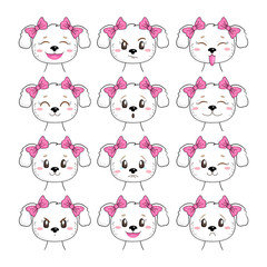 Set of cute puppy with different emotions, isolated on white background. Kawaii dog character. Useful for many applications (stickers, prints for apparel, scrapbooking projects ets).